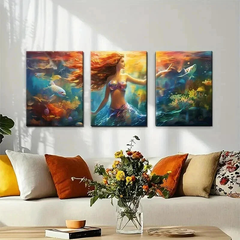 3pcs Enchanting Mermaid Underwater Perfect Wall Art Set Canvas Framed 40x60cm - High Quality Print 100% Australian Made Wall Canvas Ready to Hang
