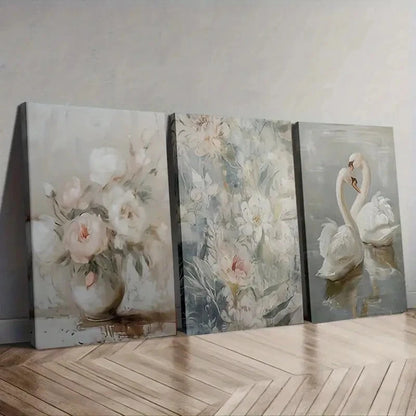 3pcs Romantic Swan and Floral Wall Art Set Canvas Framed 60x90cm - High Quality Print 100% Australian Made Wall Canvas Ready to Hang