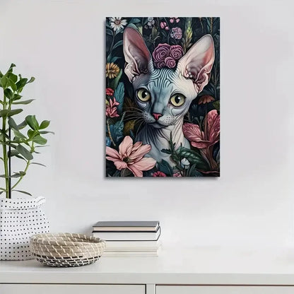 Cute Sphynx Kitten with Vibrant Flowers 40x60cm Metal Print Ready to Hang