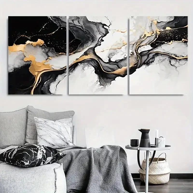 3pcs Black Golden White Fluid Design Wall Art Set Canvas Framed 40x60cm - High Quality Print 100% Australian Made Wall Canvas Ready to Hang