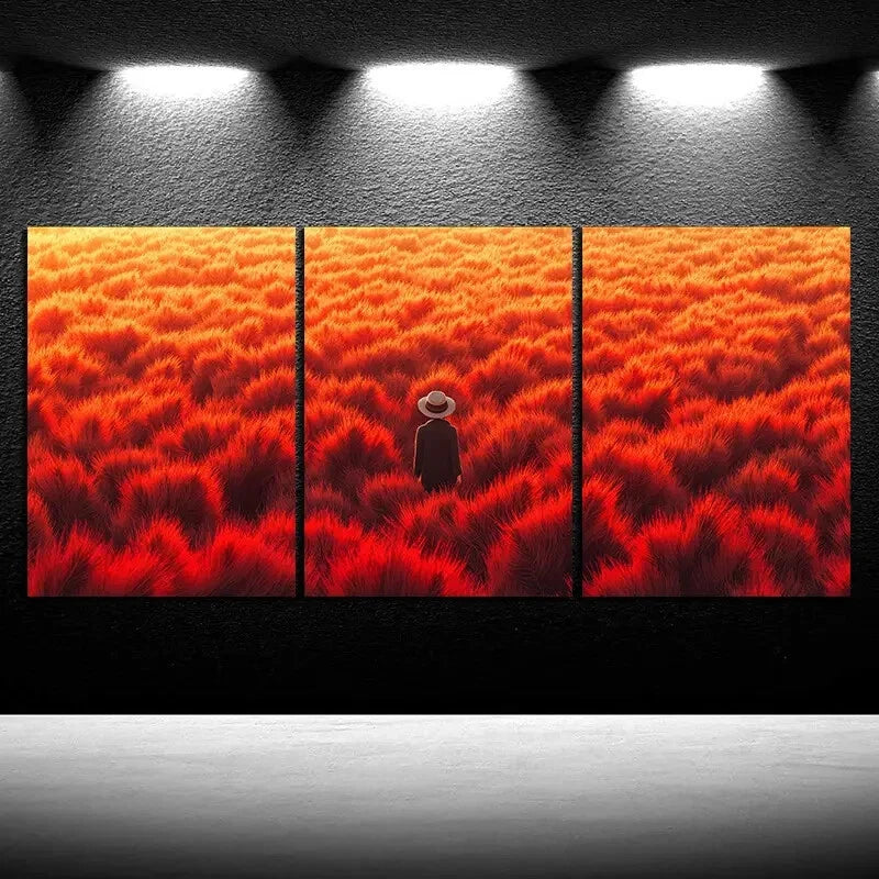 3pcs Abstract Red Field Figure Metal Print Ready to Hang Art
