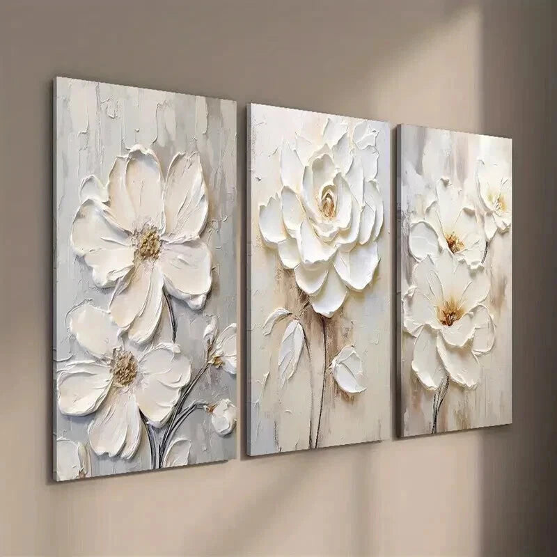 3pcs White Textured Flower Painting Wall Art Set Canvas Framed 60x90cm - High Quality Print 100% Australian Made Wall Canvas Ready to Hang