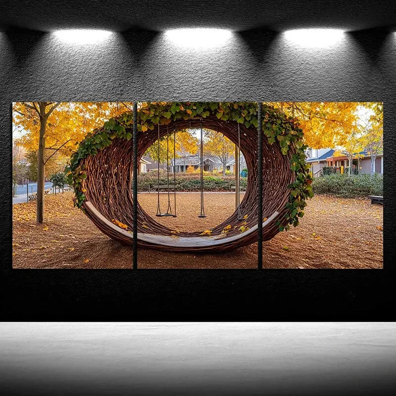 3pcs Swing in Fallen Green Leaves Metal Print Ready to Hang Art