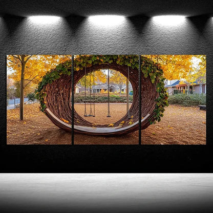 3pcs Swing in Fallen Green Leaves Metal Print Ready to Hang Art