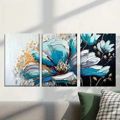 3pcs Blue Flowers with Golden Accent Wall Art Set Canvas Framed 40x60cm - High Quality Print 100% Australian Made Wall Canvas Ready to Hang
