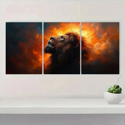 3pcs Majestic Lion with Fiery Orange & Black Metal Print Ready to Hang Art