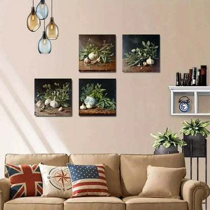 4pcs Herbs And Garlic Still Life Poster Wall Art Canvas Framed