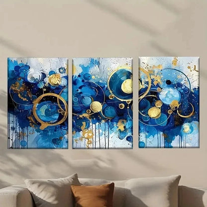 3pcs Abstract Blue & Golden Swirls & Spheres Wall Art Set Canvas Framed 40x60cm - High Quality Print 100% Australian Made Wall Canvas Ready to Hang