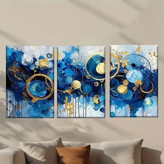 3pcs Abstract Blue & Golden Swirls & Spheres Wall Art Set Canvas Framed 40x60cm - High Quality Print 100% Australian Made Wall Canvas Ready to Hang