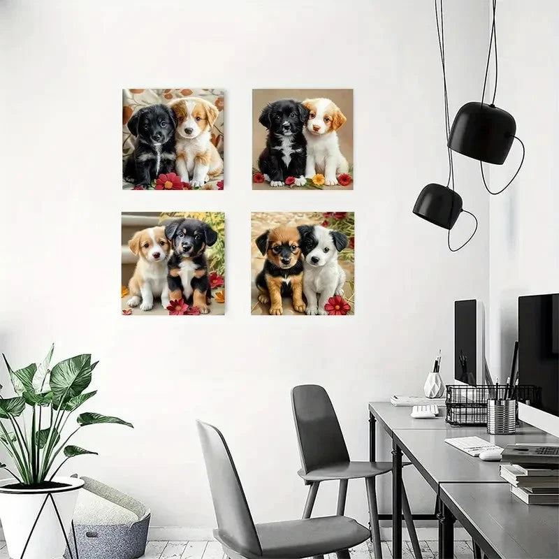 4pcs Charming Puppy & Puppy SeriesWall Art Canvas Framed
