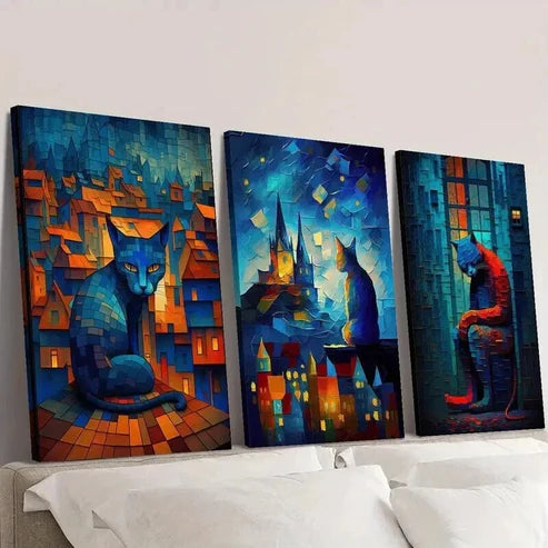 3pcs Cat Sitting on the Roof Starry Night Sky Wall Art Canvas Unframed - High Quality Print 100% Australian Made Wall Canvas