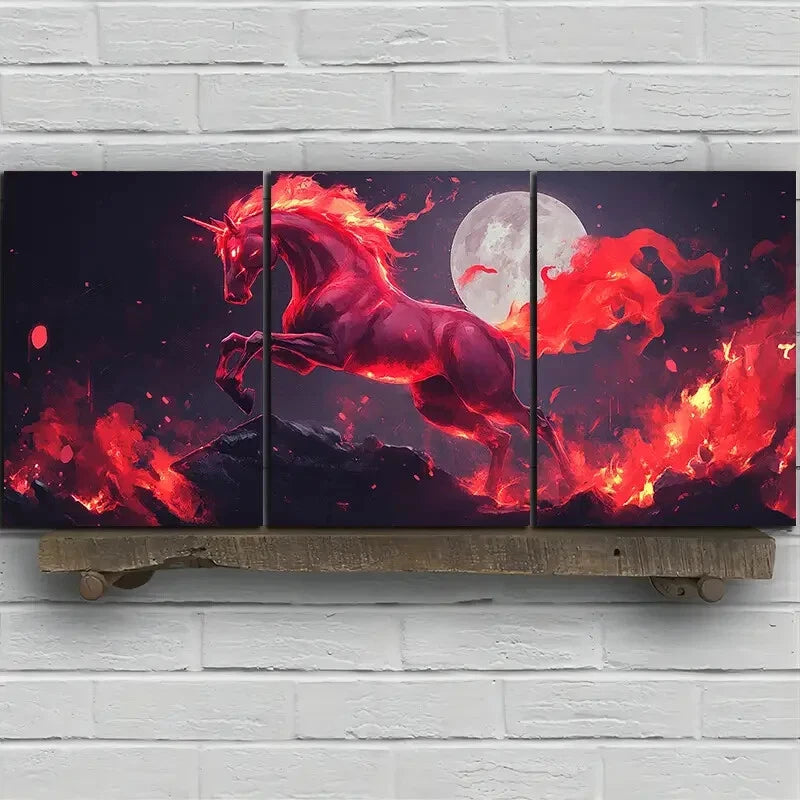 3pcs A Horse Jumping Under The Moonlight Metal Print Ready to Hang Art