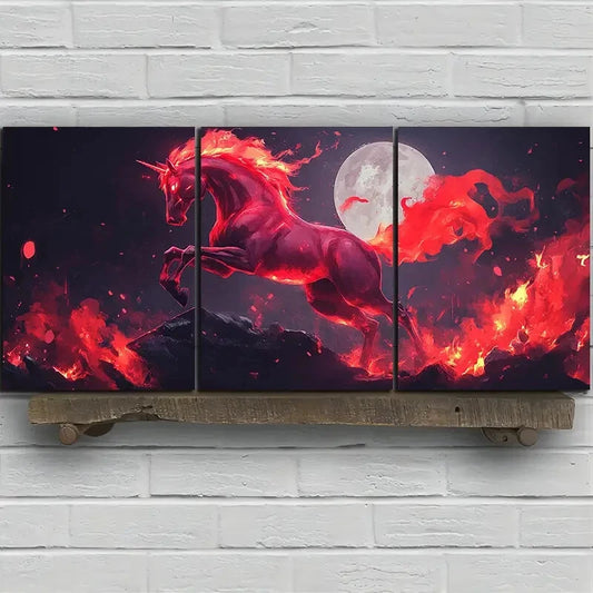 3pcs A Horse Jumping Under The Moonlight Metal Print Ready to Hang Art