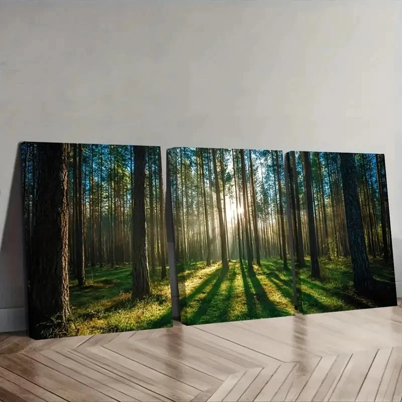 Three canvas prints of a forest scene with sunlight filtering through the trees, displayed on a wall.