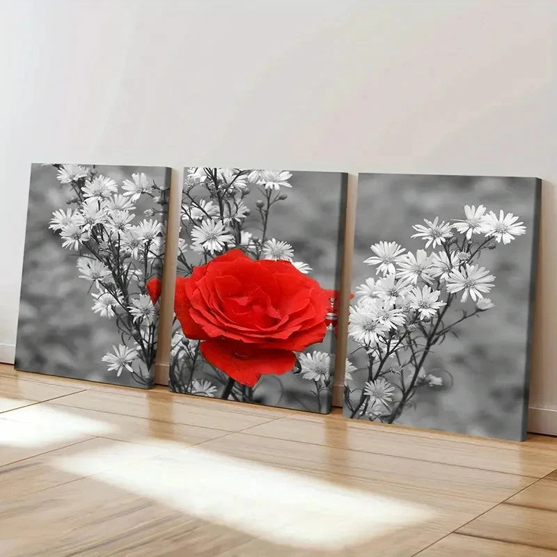 3pcs Red Roses Small Daisies Flower  Wall Art Set Canvas Framed 60x90cm - High Quality Print 100% Australian Made Wall Canvas Ready to Hang