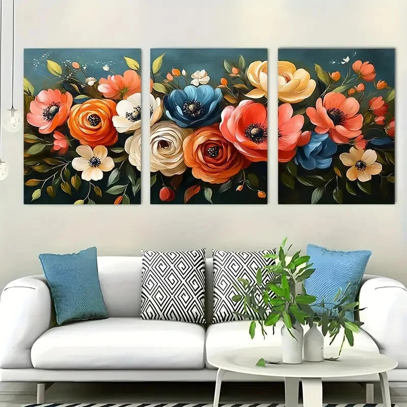 3pcs Bold Floral Bouquet Abstract Perfect Wall Art Set Canvas Framed 40x60cm - High Quality Print 100% Australian Made Wall Canvas Ready to Hang