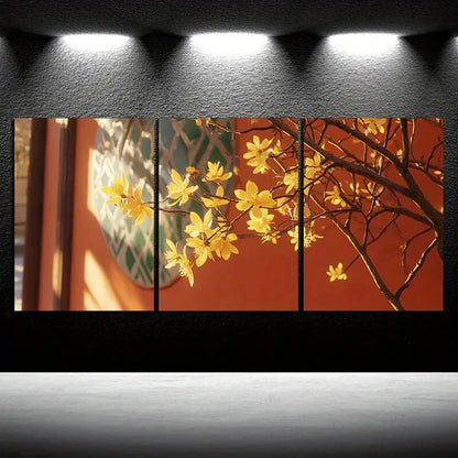 3pcs Osmanthus Tree In Front Of The Red Metal Print Ready to Hang Art