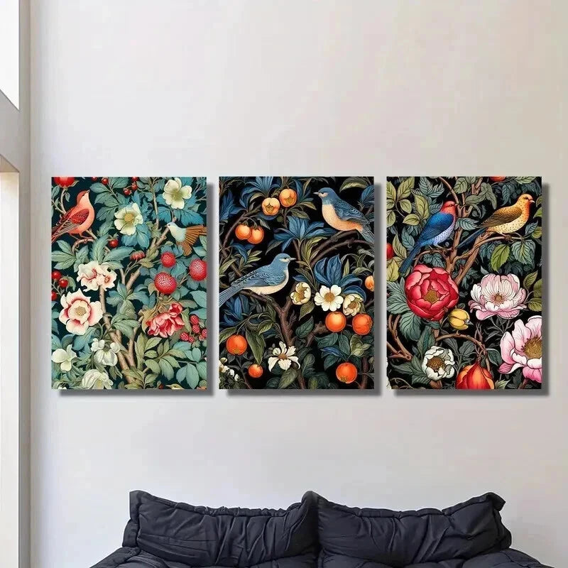 3pcs Vintage Garden Flowers and Birds Wall Art Set Canvas Framed 40x60cm - High Quality Print 100% Australian Made Wall Canvas Ready to Hang