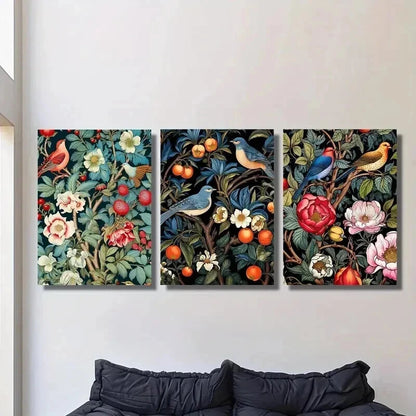 3pcs Vintage Garden Flowers and Birds Wall Art Set Canvas Framed 40x60cm - High Quality Print 100% Australian Made Wall Canvas Ready to Hang