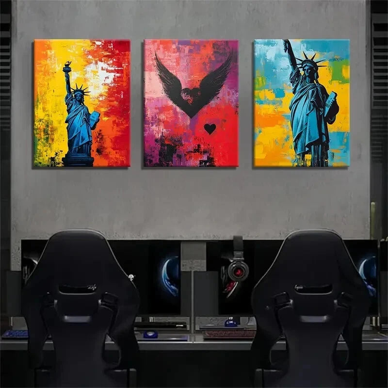3pcs Statue of Liberty Graffiti Vibrant Perfect Wall Art Set Canvas Framed 40x60cm - High Quality Print 100% Australian Made Wall Canvas Ready to Hang