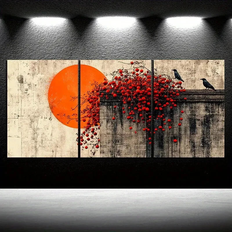 3pcs The Tree On The Eaves Orange Sun Metal Print Ready to Hang Art