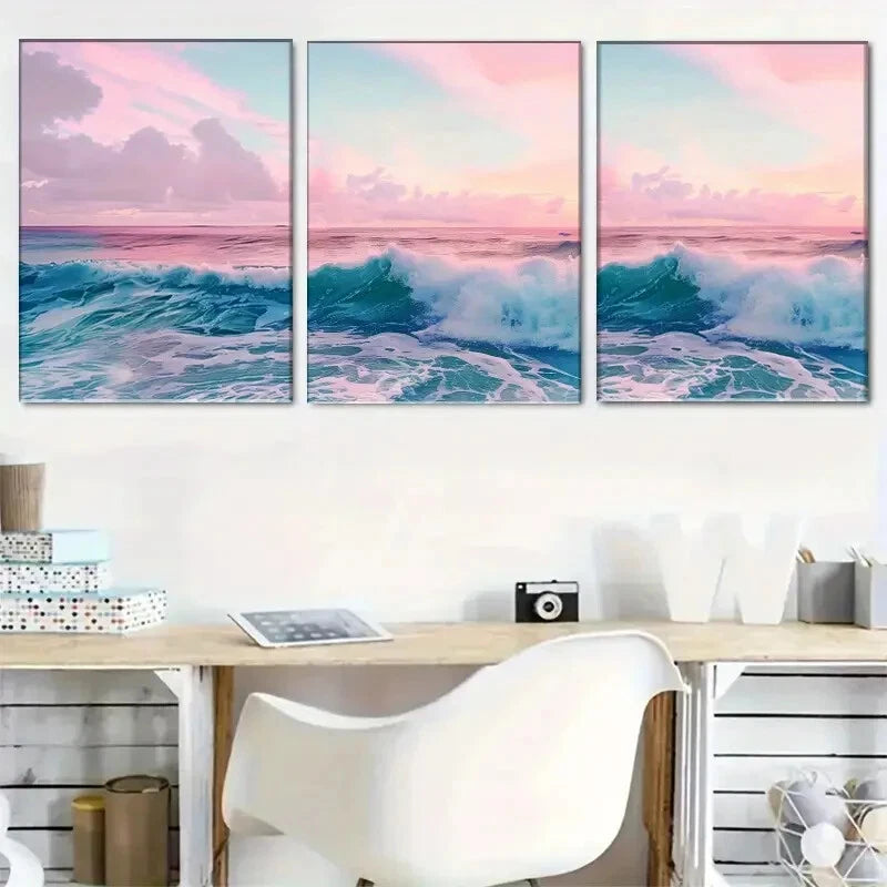 3pcs Ocean Wave Pink Sky Sea Landscape Perfect Wall Art Set Canvas Framed 40x60cm - High Quality Print 100% Australian Made Wall Canvas Ready to Hang