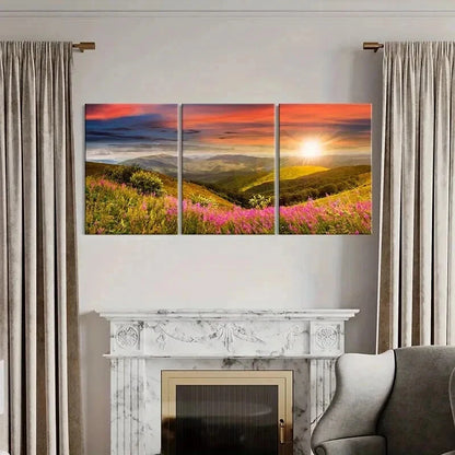 3pcs Mountain Wildflowers and Sunset  Wall Art Set Canvas Framed 40x60cm - High Quality Print 100% Australian Made Wall Canvas Ready to Hang