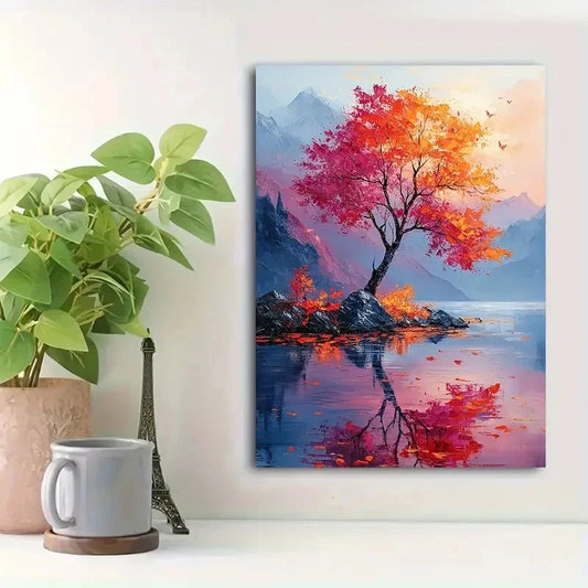 Beautiful Minimalist Vibrant Autumn Landscape Painting 40x60cm Metal Print Ready to Hang