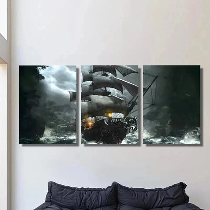3pcs Fantasy Pirate Ship in Storm Theme Wall Art Set Canvas Framed 40x60cm - High Quality Print 100% Australian Made Wall Canvas Ready to Hang