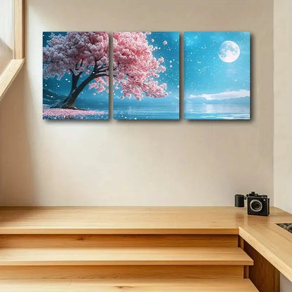3pcs Cherry Blossom Tree & Moonlit Night Scene Metal Print Ready to Hang Art