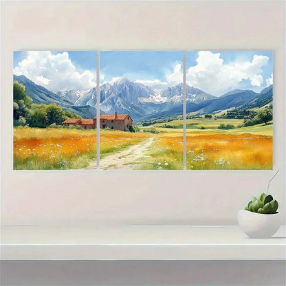 3pcs Golden Wheat Fields Rolling Hills & Mountain Metal Print Ready to Hang Art