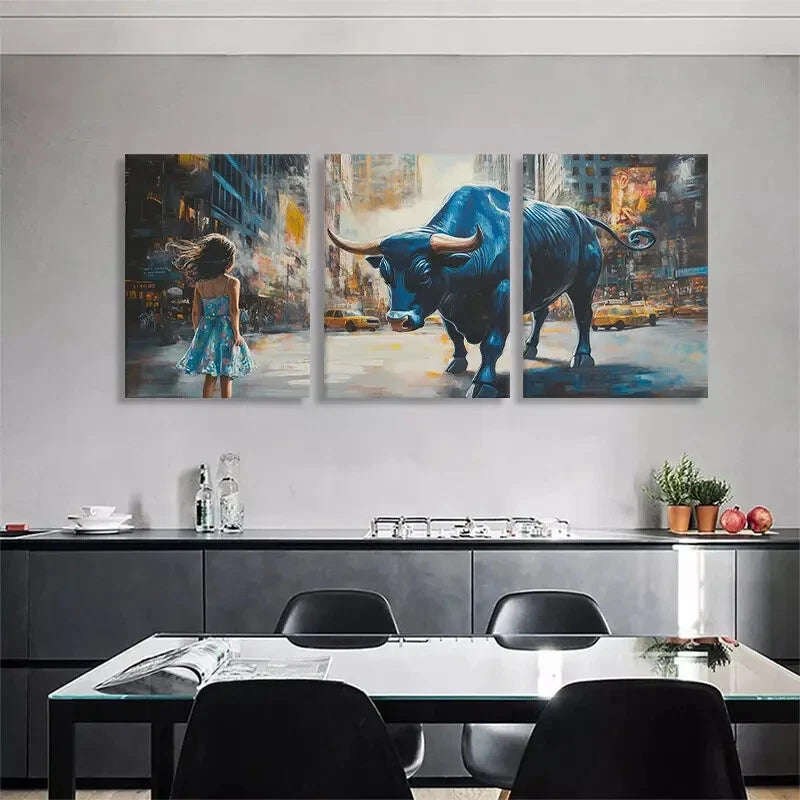 3pcs Fearless Girl and Bull Powerful Perfect Wall Art Set Canvas Framed 40x60cm - High Quality Print 100% Australian Made Wall Canvas Ready to Hang