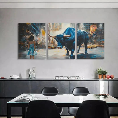 3pcs Fearless Girl and Bull Powerful Perfect Wall Art Set Canvas Framed 40x60cm - High Quality Print 100% Australian Made Wall Canvas Ready to Hang