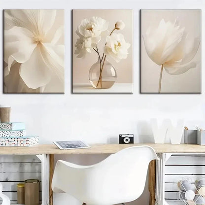 3pcs Beige Pure Flowers Floral Wall Art Metal Print Ready to Hang Art