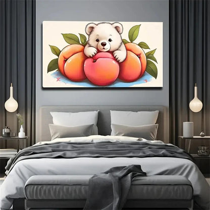 Charming Bear & Peach Wall Art Canvas Office Home Room Framed 120x60cm
