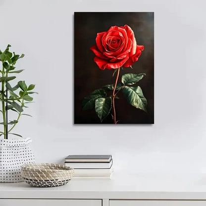 Stunning Red Rose Dark Background with Green Painting 40x60cm Metal Print Ready to Hang