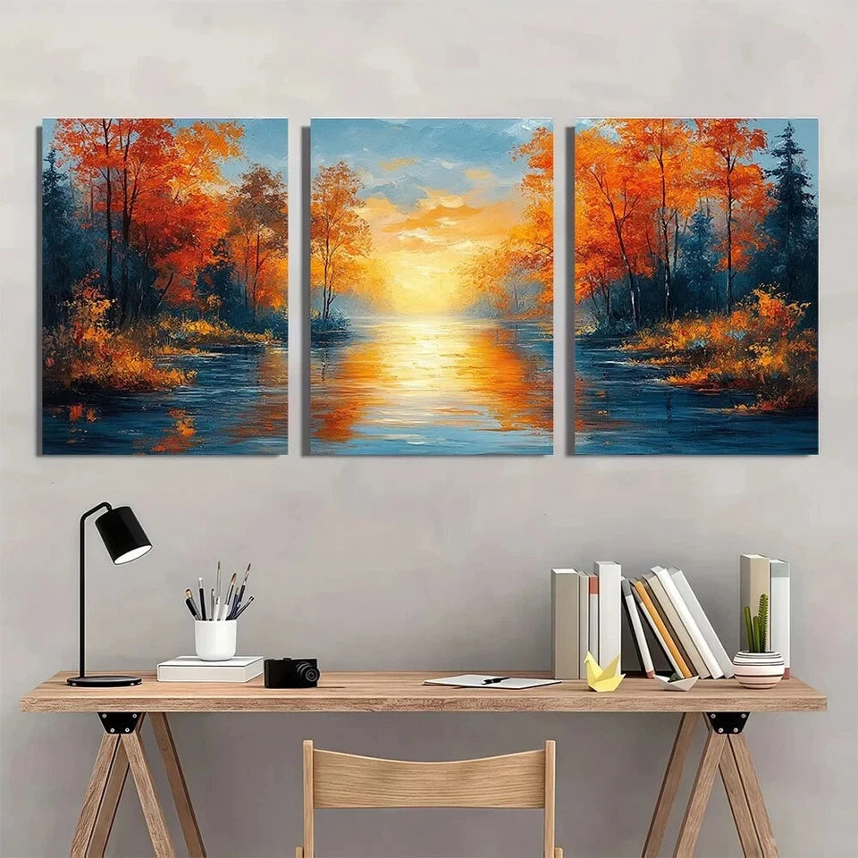 3pcs Vibrant Autumn Sunset Reflection Metal Print Ready to Hang Art