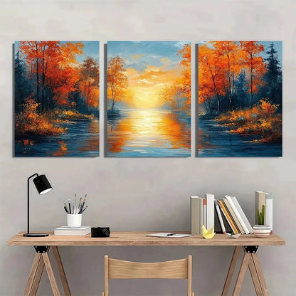 3pcs Vibrant Autumn Sunset Reflection Metal Print Ready to Hang Art