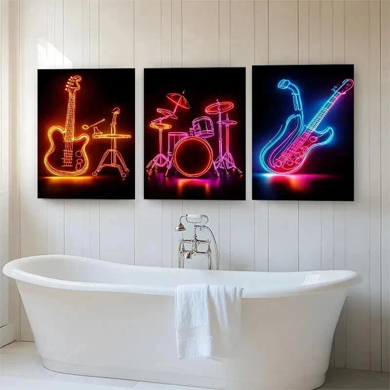 3pcs Neon Music Vibrant Musical Décor Perfect Wall Art Set Canvas Framed 40x60cm - High Quality Print 100% Australian Made Wall Canvas Ready to Hang