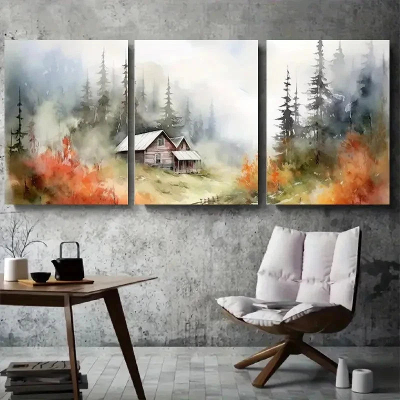 3pcs Mountain Cottage in Misty Forest Metal Print Ready to Hang Art