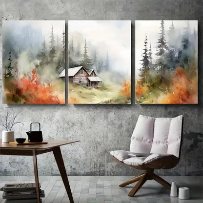 3pcs Mountain Cottage in Misty Forest Metal Print Ready to Hang Art