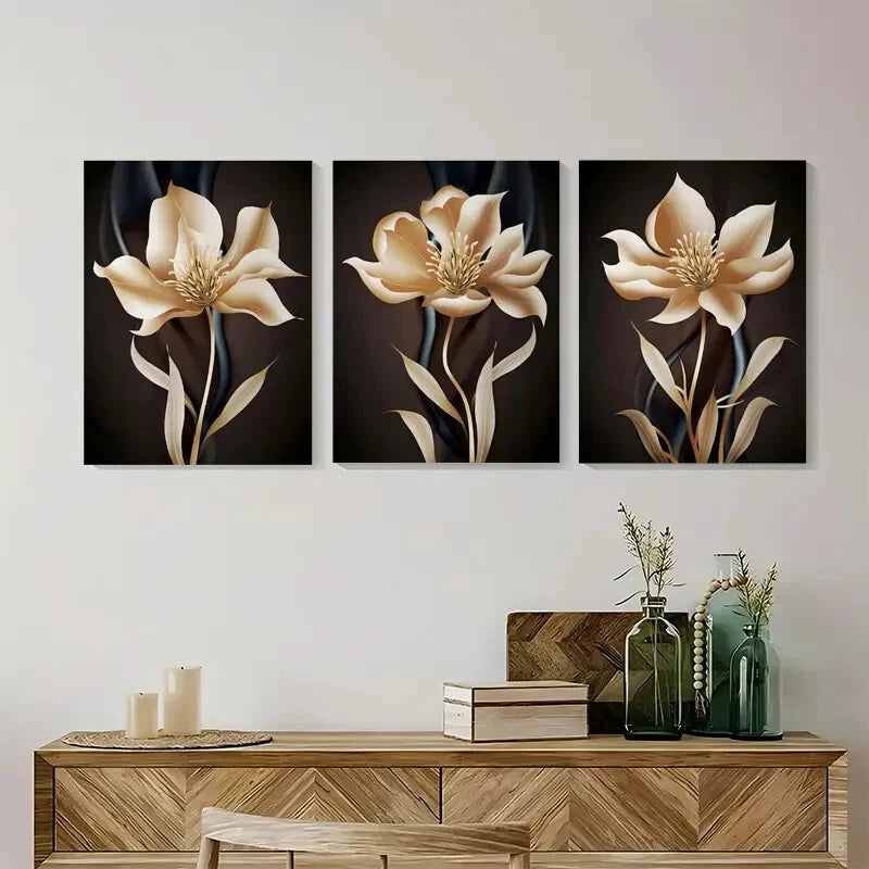 3pcs Elegant Abstract Floral Golden Flower Metal Print Ready to Hang Art