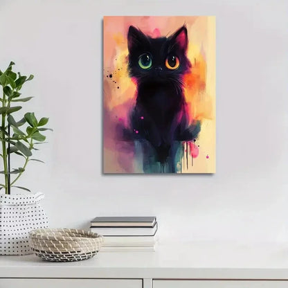 WhimsyArt Contemporary Abstract Black Cat Painting 40x60cm Metal Print Ready to Hang