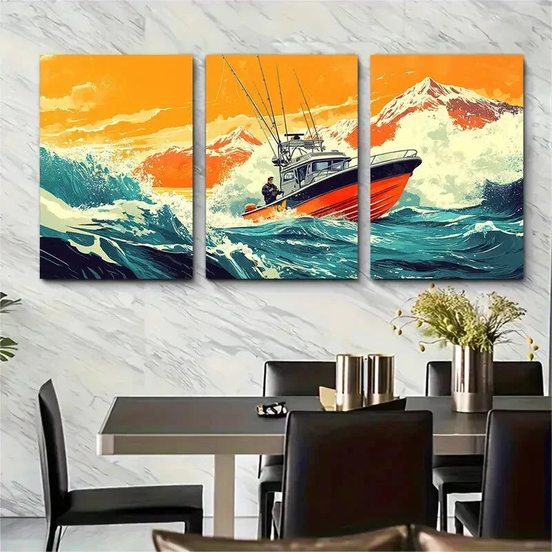 3pcs Fishing Adventure Sea Angling Boating Metal Print Ready to Hang Art