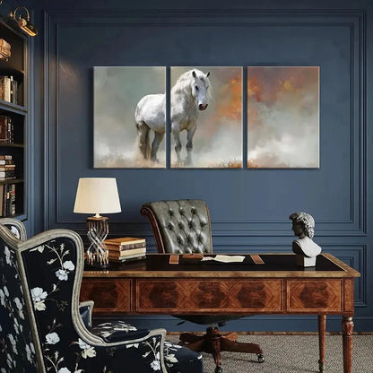 3pcs White Horse Art Abstract Painting Metal Print Ready to Hang Art