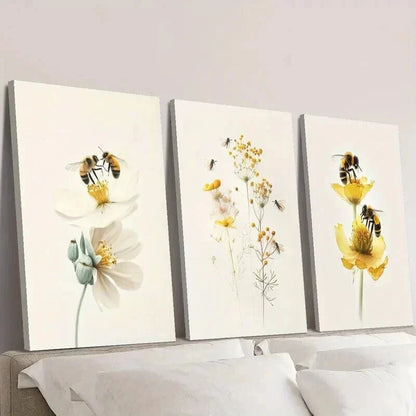 3pcs Flowers and Bees Collecting Nectar Wall Art Set Canvas Framed 40x60cm - High Quality Print 100% Australian Made Wall Canvas Ready to Hang