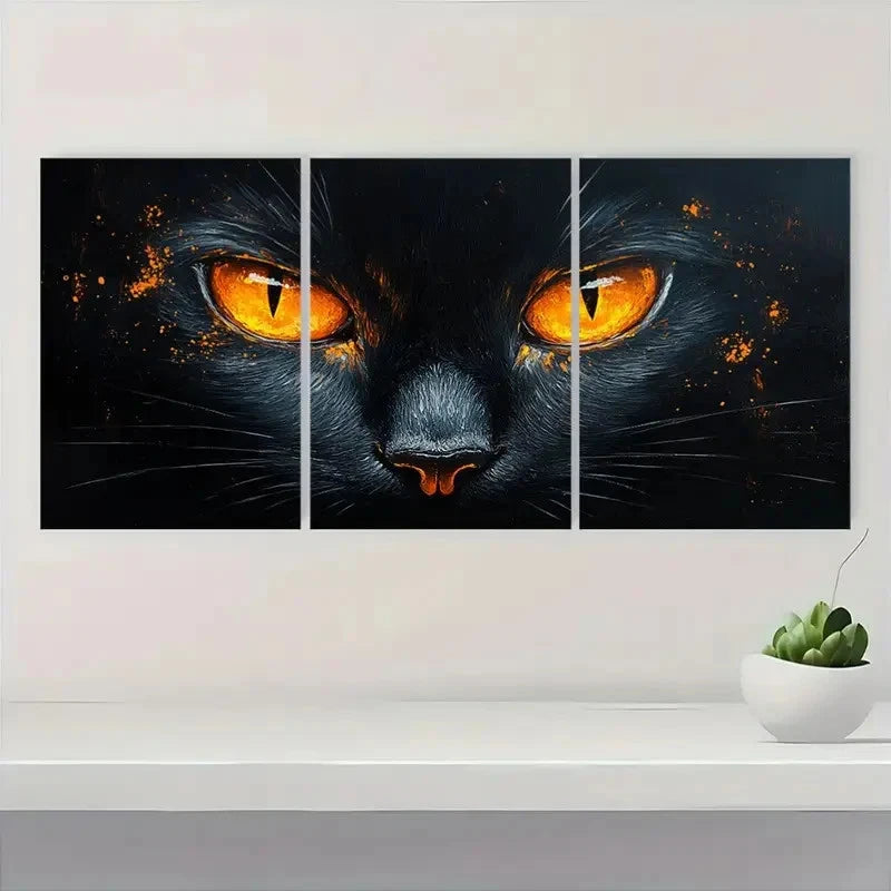3pcs Whimsical Black Cat Orange Eyes S Wall Art Set Canvas Framed 50x70cm - High Quality Print 100% Australian Made Wall Canvas Ready to Hang