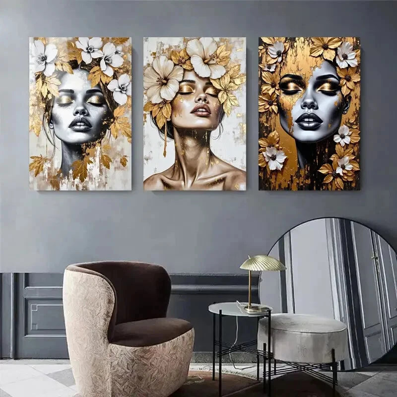 3pcs Golden And White Accent Women Décor Perfect Wall Art Set Canvas Framed 40x60cm - High Quality Print 100% Australian Made Wall Canvas Ready to Hang