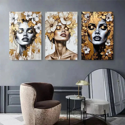 3pcs Golden And White Accent Women Décor Perfect Wall Art Set Canvas Framed 40x60cm - High Quality Print 100% Australian Made Wall Canvas Ready to Hang