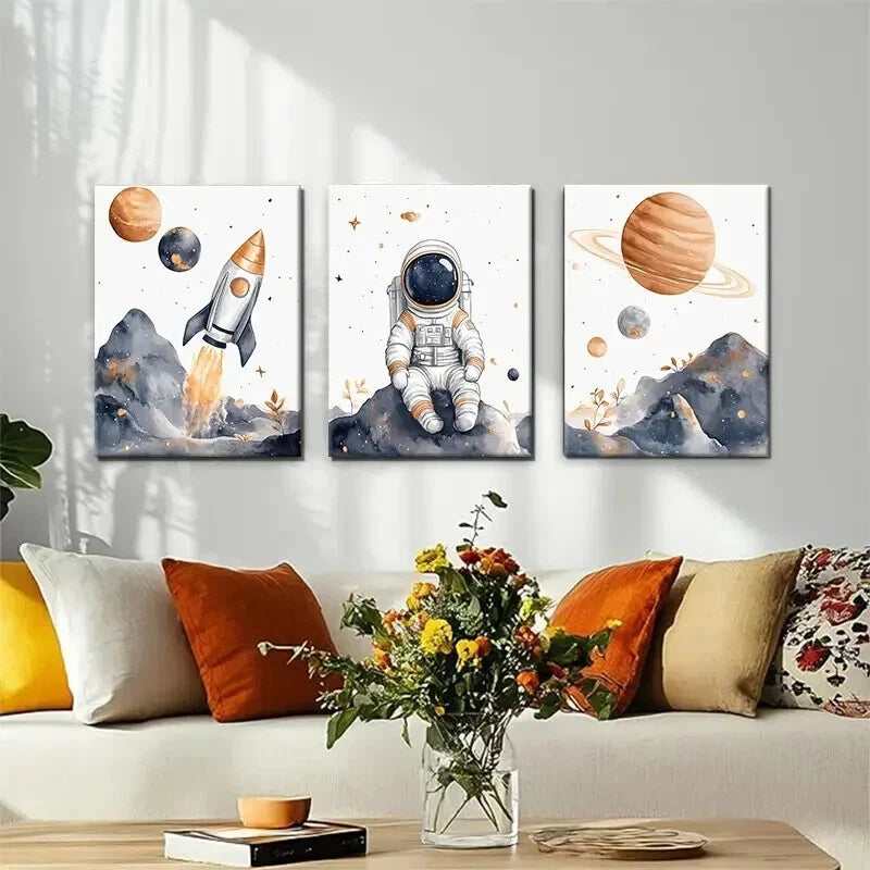 3pcs Astronaut Space Whimsical Space Perfect Wall Art Set Canvas Framed 40x60cm - High Quality Print 100% Australian Made Wall Canvas Ready to Hang